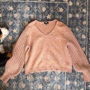 Frye Blush Pink V-Neck Cable Balloon Sleeve Sweater